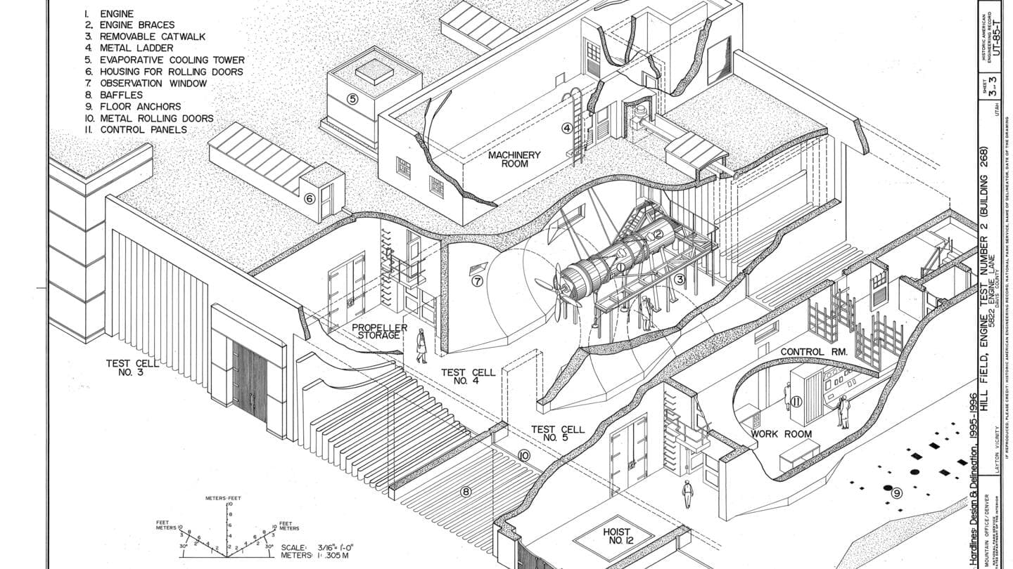 Cutaway isometric engineering drawing of an engine test cell with numbered callouts and a legend