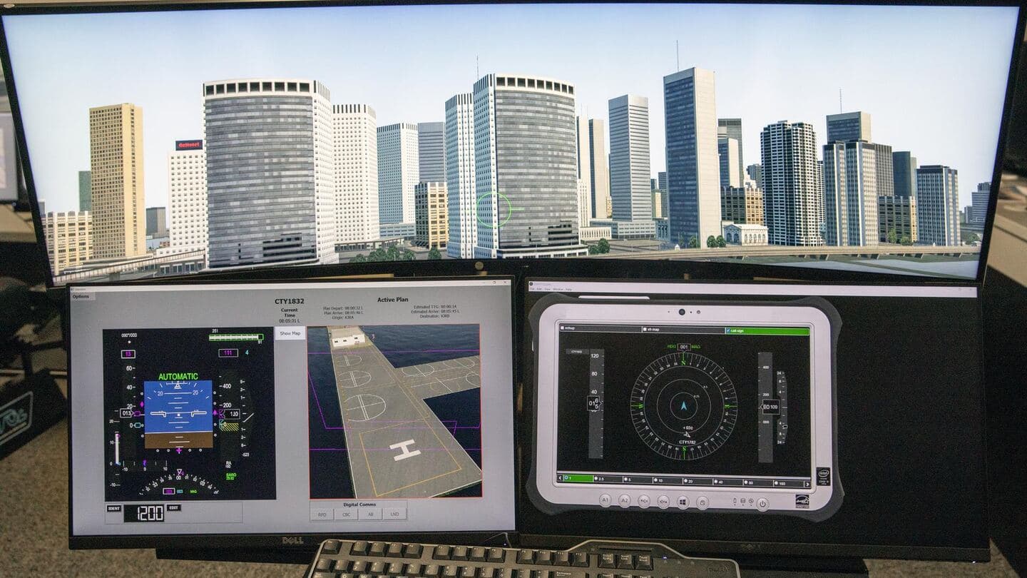 Simulation screens showing an air taxi flight over a city