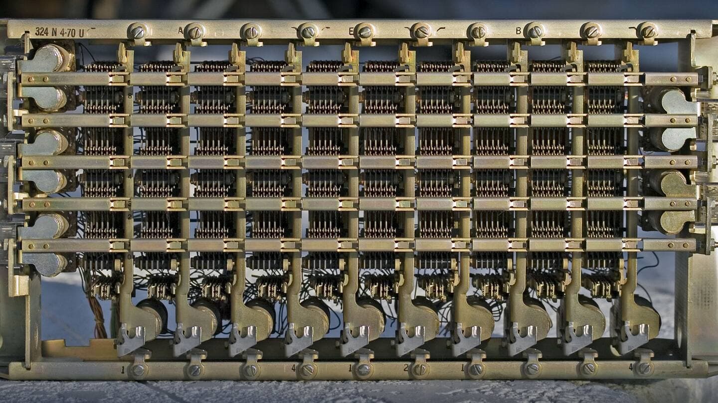 A telephone crossbar switch, its grid of contacts able to connect any row to any column