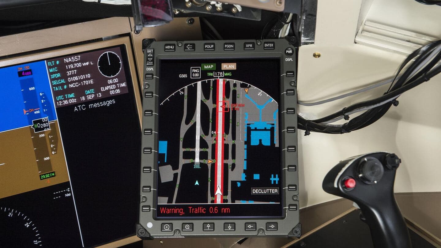 A cockpit display showing flight guidance symbology in a research simulator