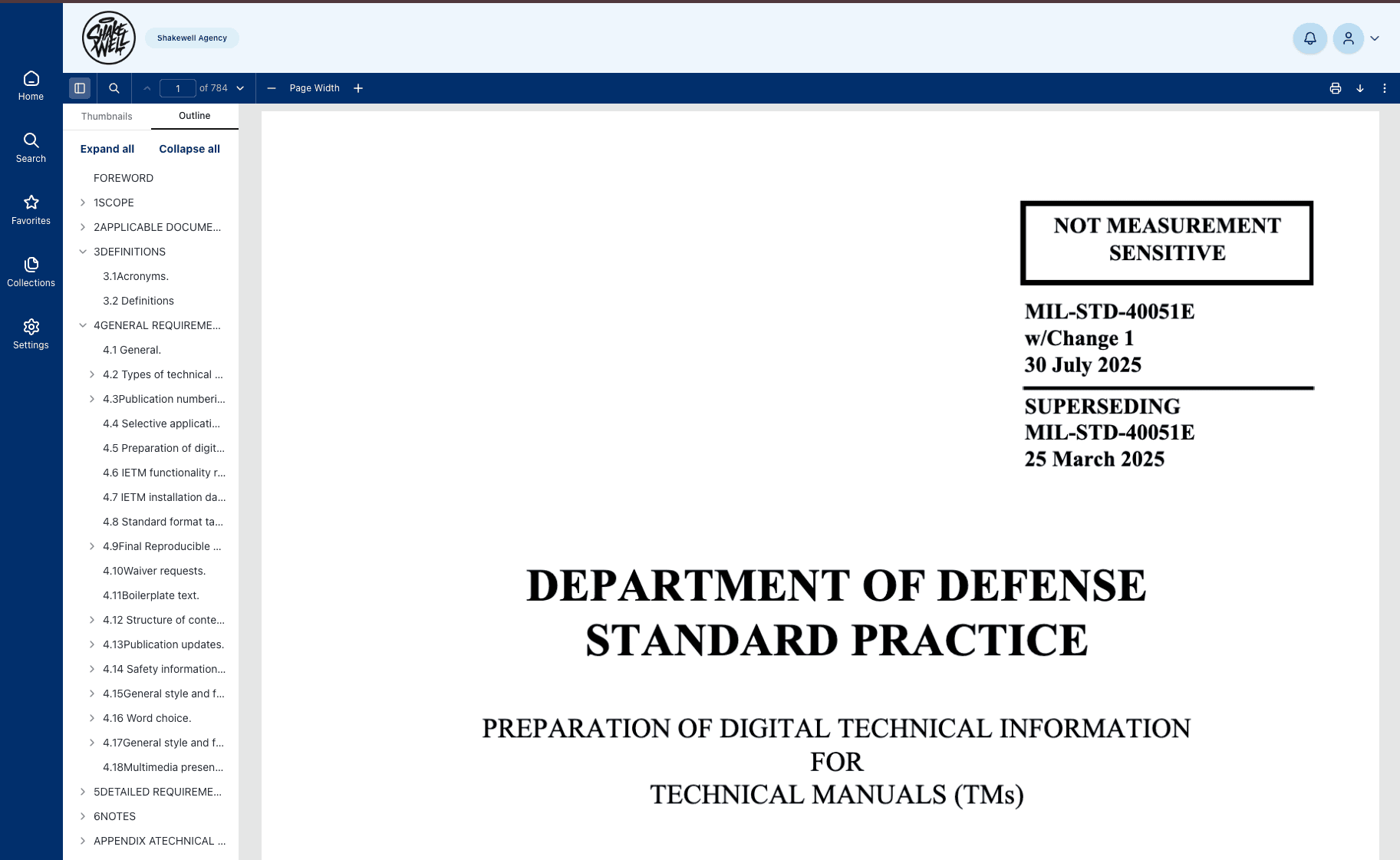 Content Portal document viewer showing a MIL-STD-40051E technical manual with navigation tree