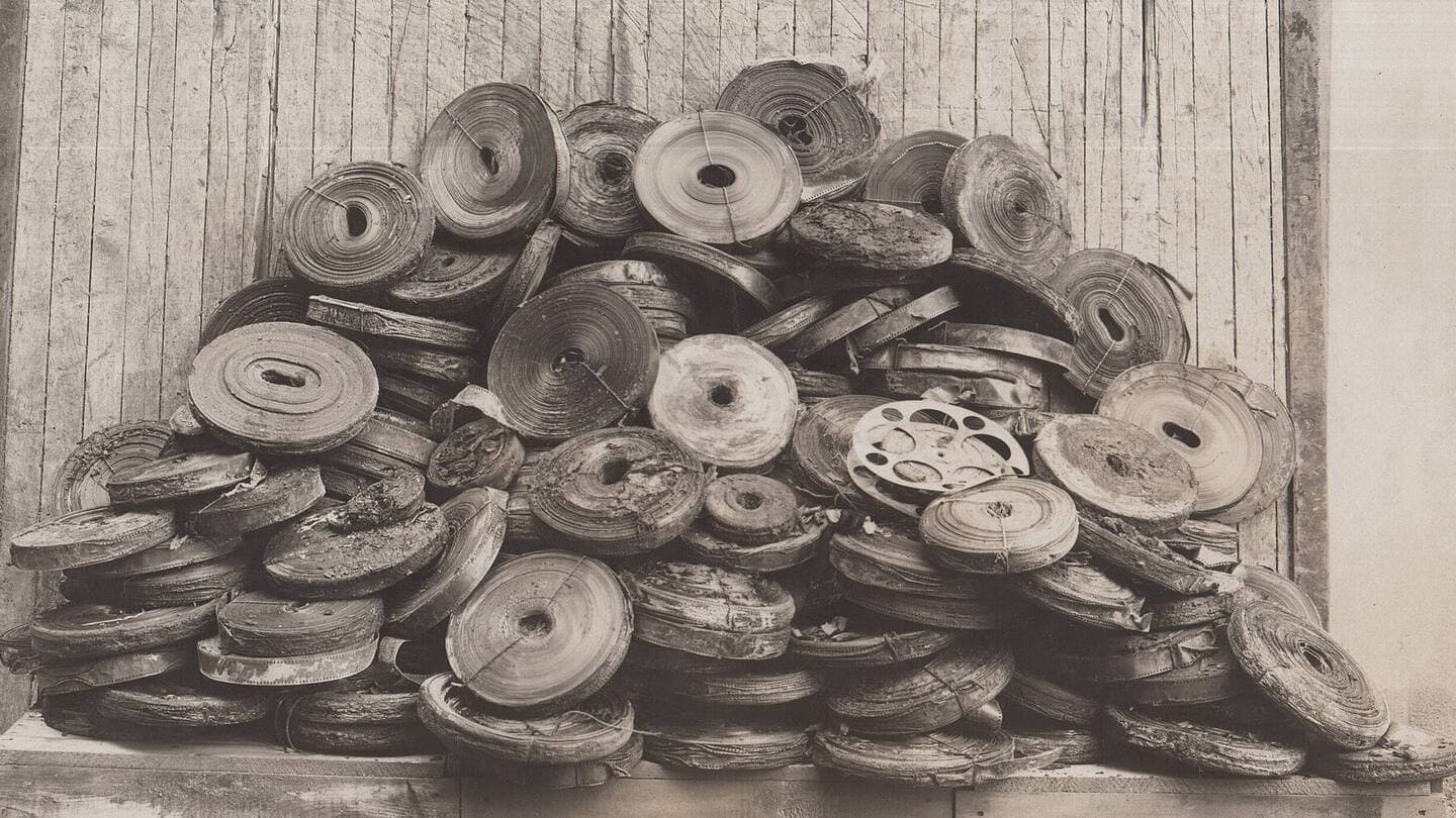 A heap of corroded film cans holding deteriorated nitrate motion picture film, 1911