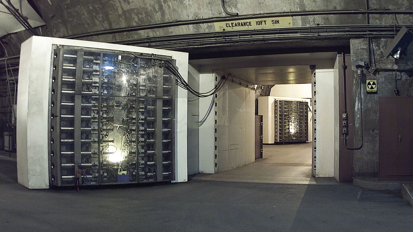 A massive open blast door and tunnel leading to a second door inside Cheyenne Mountain