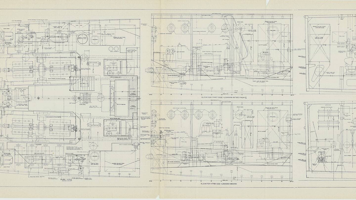 Engineering drawing of a landing craft engine room in plan and elevation views