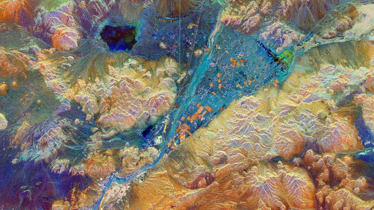 A false-color satellite radar image of terrain