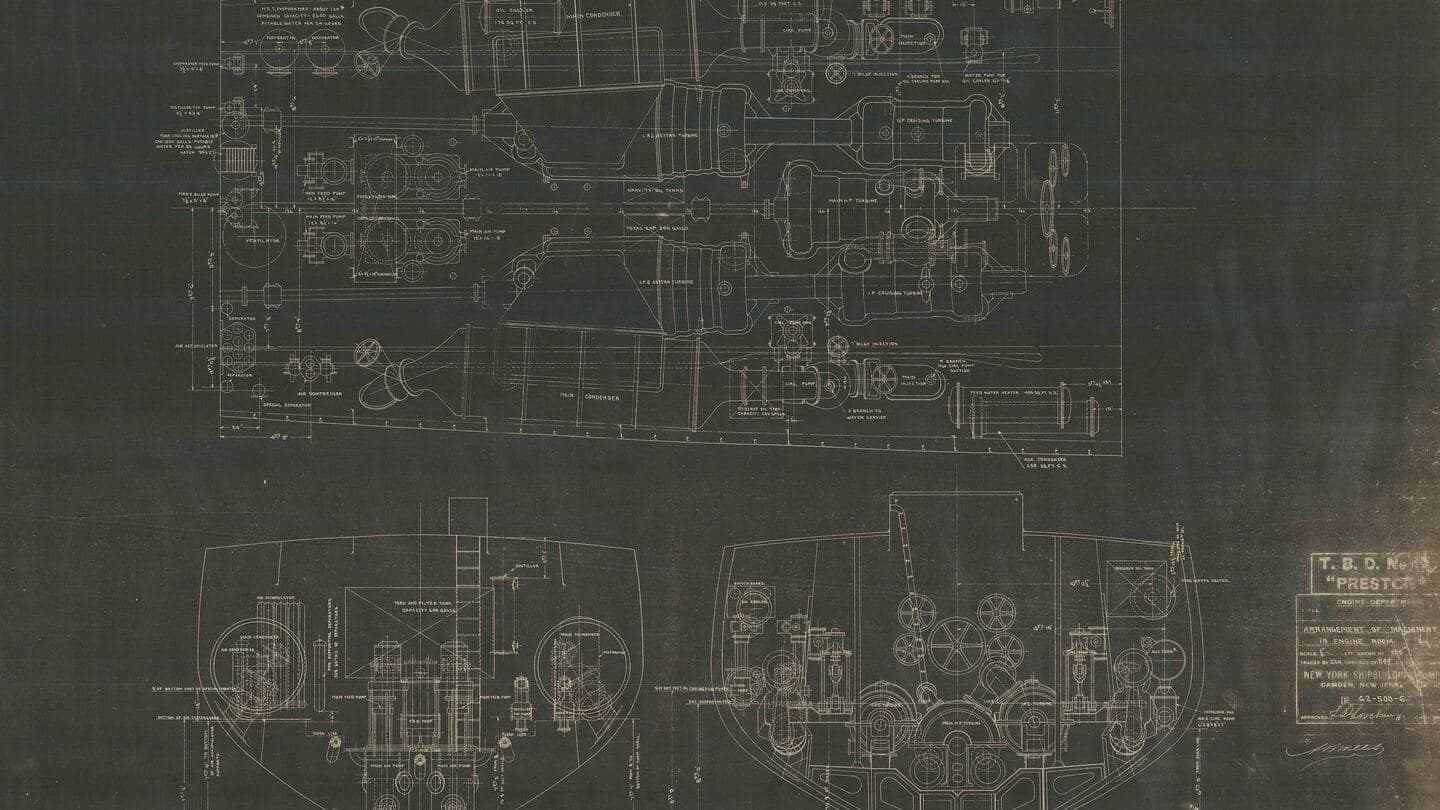 Early twentieth-century blueprint of a destroyer's engine room machinery arrangement