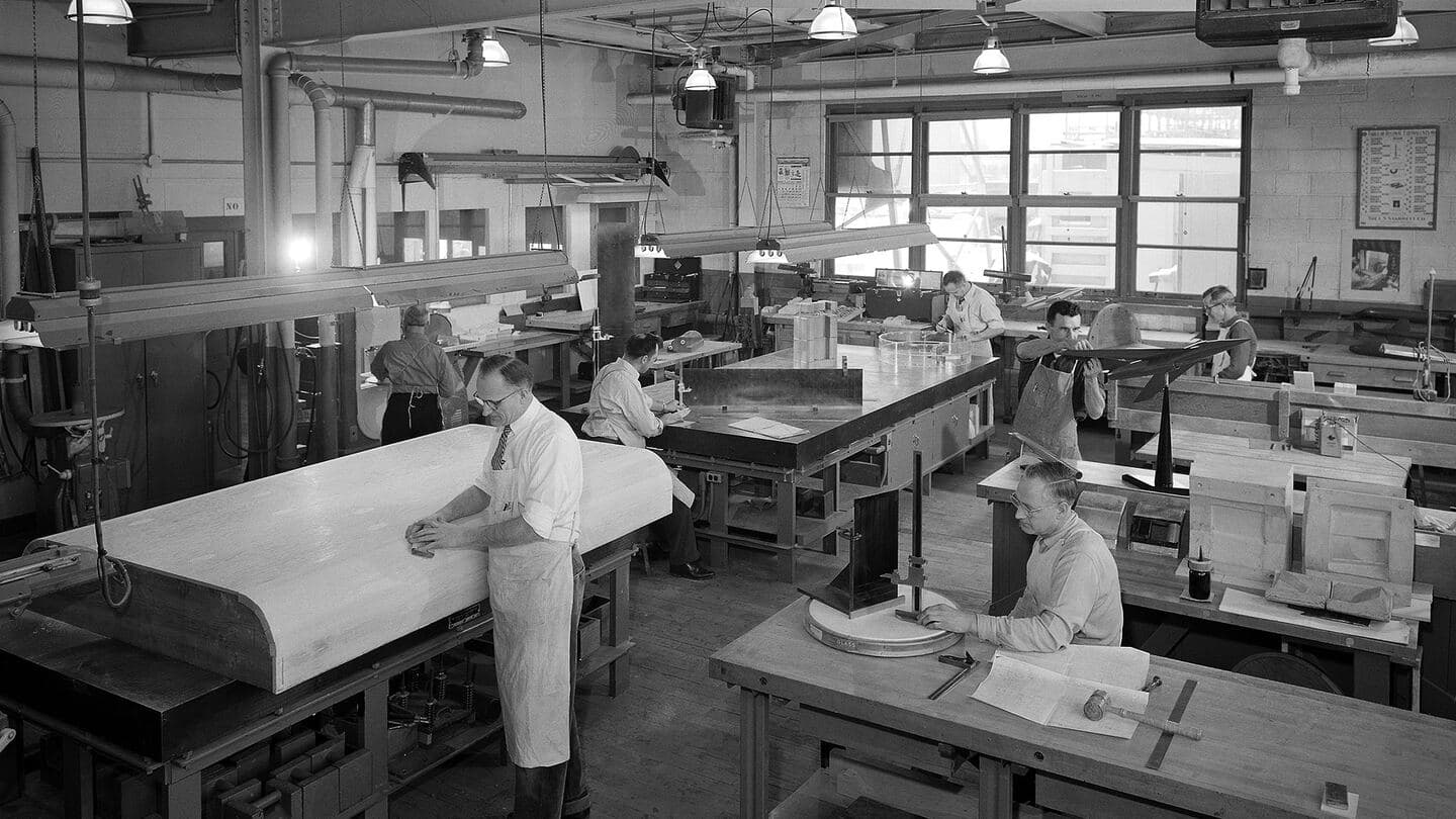 Black-and-white view of a mid-century laboratory office